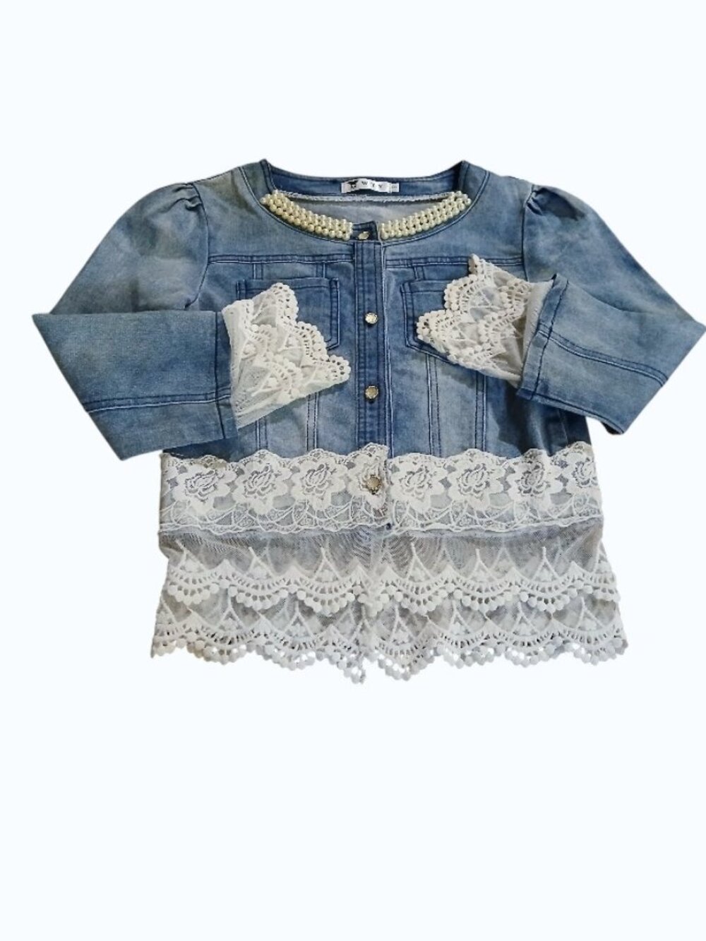 WTY Blue Jean Jacket with Faux Pearls and Lace/Crochet Cuffs & Hem - EUC - Picture 8 of 12